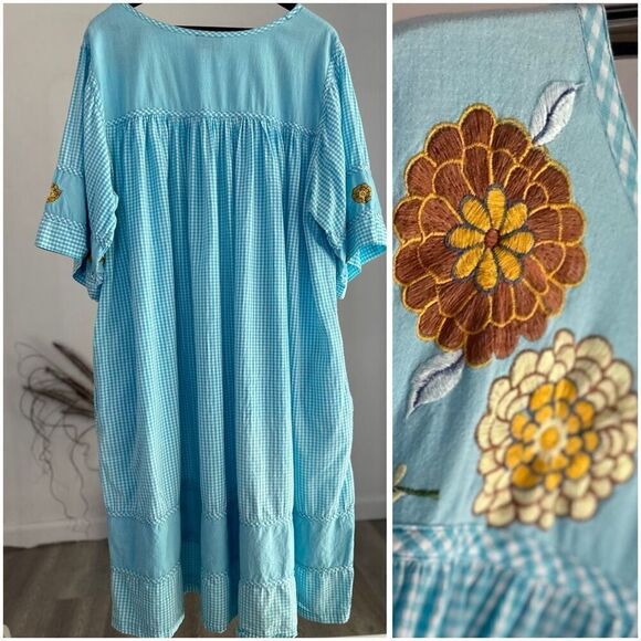 GRANADA VINTAGE WOMEN'S 2X BLUE EMBROIDERED SHORT SLEEVE HOUSE DRESS MUUMUU - Picture 3 of 6